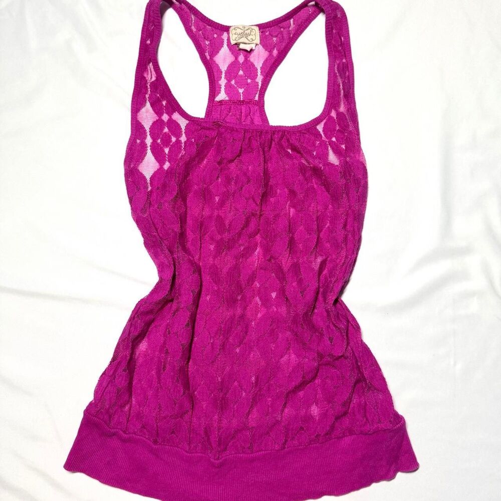 Vintage Y2K Pink Sheer Diamond Lace Racerback Banded Bottom Tank Top